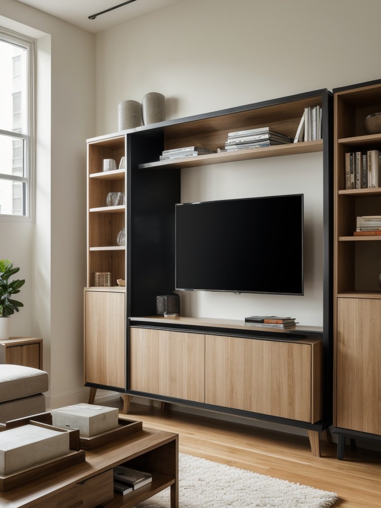 Maximize storage space in a city apartment living room with clever built-in shelving units, hidden storage compartments, and wall-mounted TV stands.