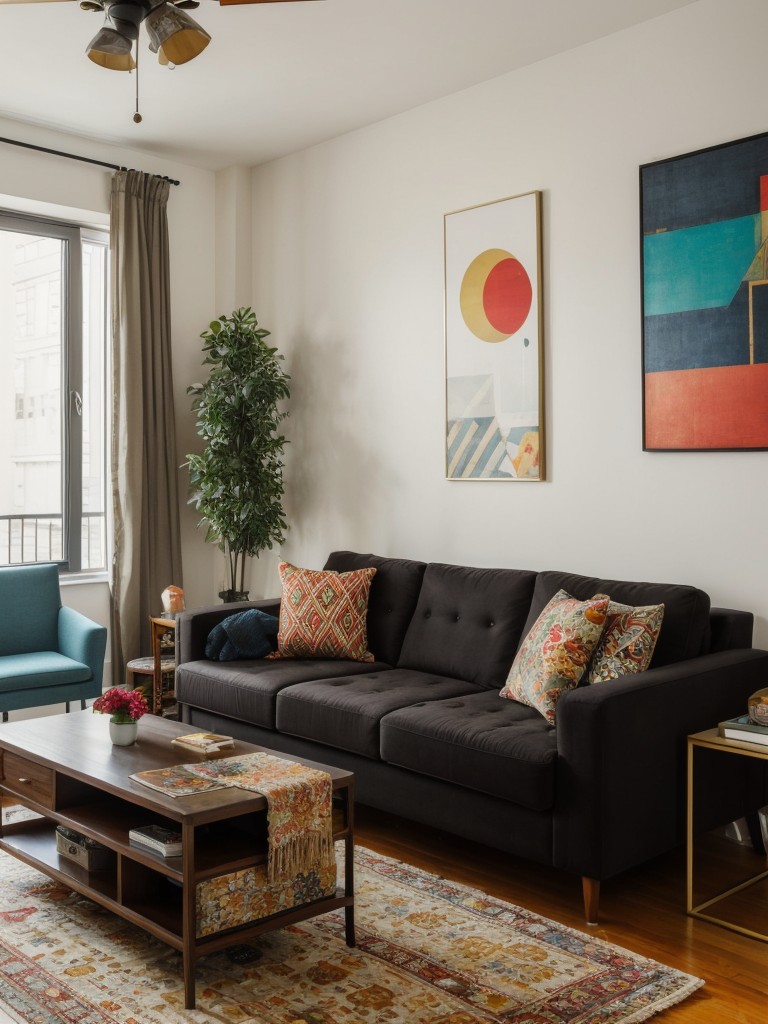Opt for an eclectic design approach in a city apartment living room, combining mismatched furniture pieces, an array of textures, and a mix of patterns for a vibrant and unique aesthetic.