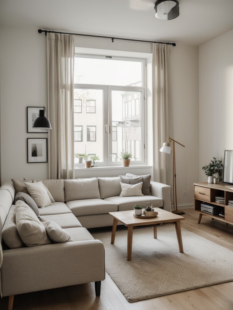 Opt for a Scandinavian-inspired design in a city apartment living room, featuring light wood furniture, neutral color palette, and cozy textures for a warm and inviting atmosphere.