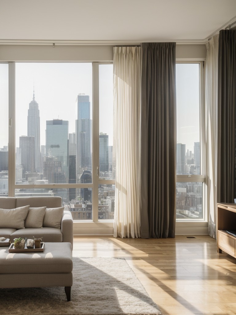 Optimize natural light and the stunning city views by incorporating floor-to-ceiling windows, sheer curtains, and strategically placed mirrors in the living room area of a city apartment.