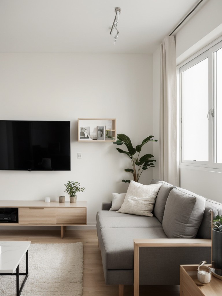 Transform a small city apartment living room with a minimalist design approach, using sleek furniture, neutral color palette, and creative space-saving solutions.