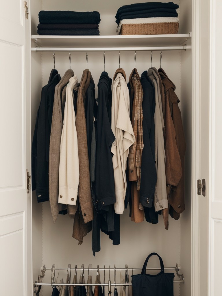 Add hooks or pegs on closet walls for hanging bags, scarves, or belts.