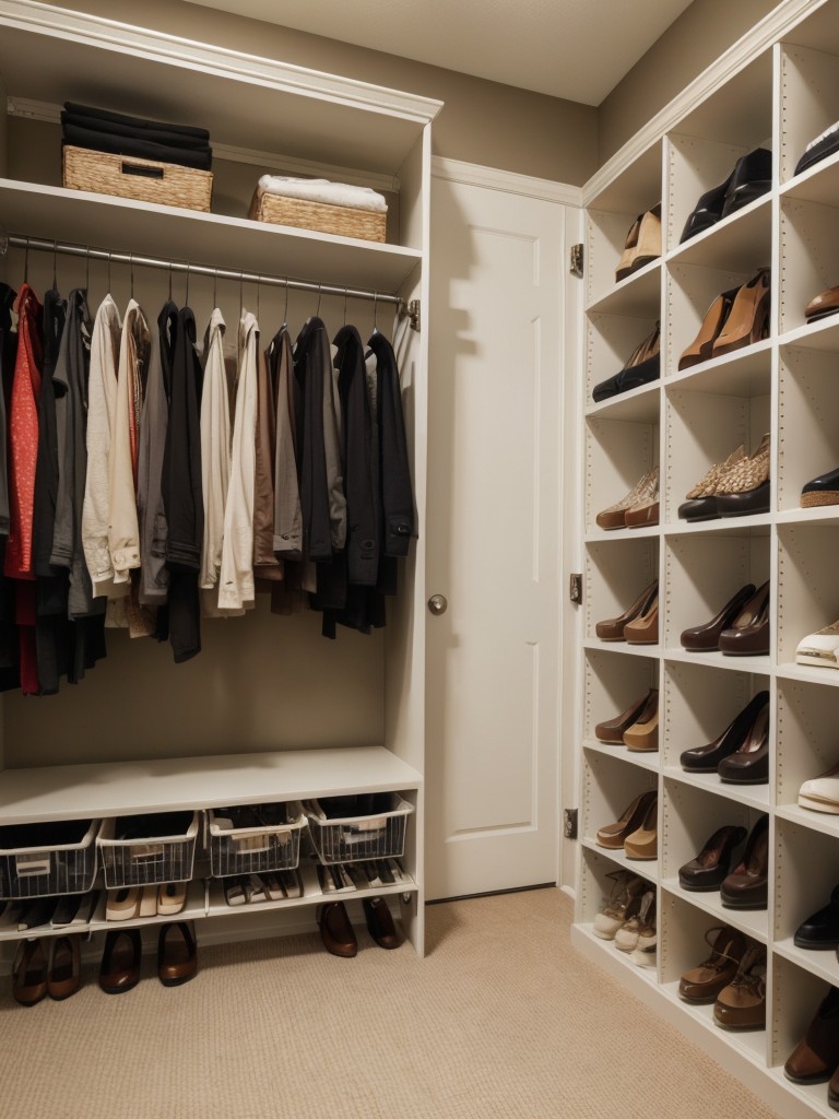 Incorporate hanging shoe racks or cubbies to maximize shoe storage in your apartment closet.