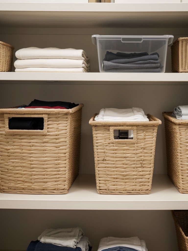 Use storage bins or baskets to group and organize folded clothing items on shelves or under hanging clothes.