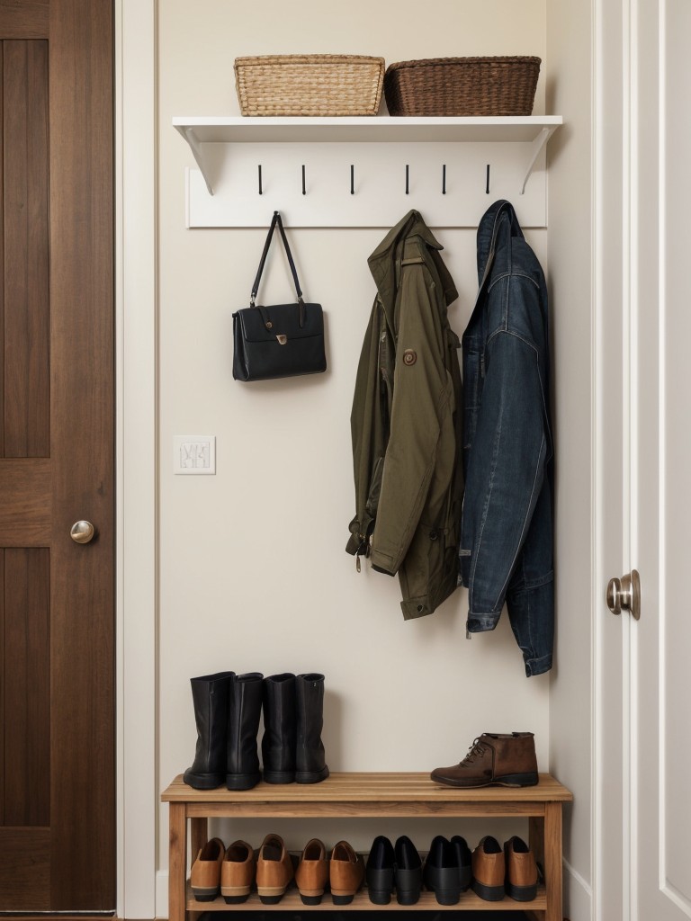 Maximizing the functionality of the entryway with a shoe rack, wall-mounted hooks for keys and jackets, and a small bench for easy shoe removal.