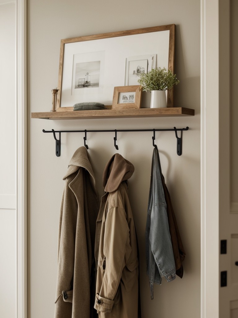 Hang clothes on decorative wall hooks or a coat rack to add visual interest while keeping them within reach.