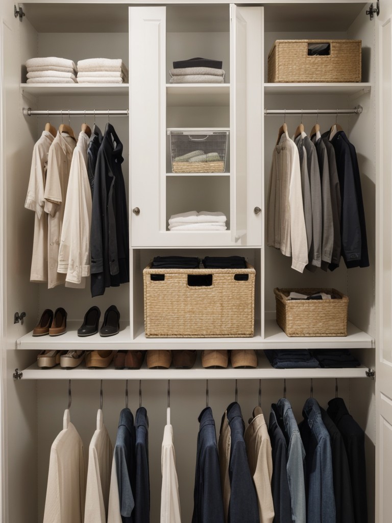 Maximize closet space with hangers, door organizers, and storage bins.