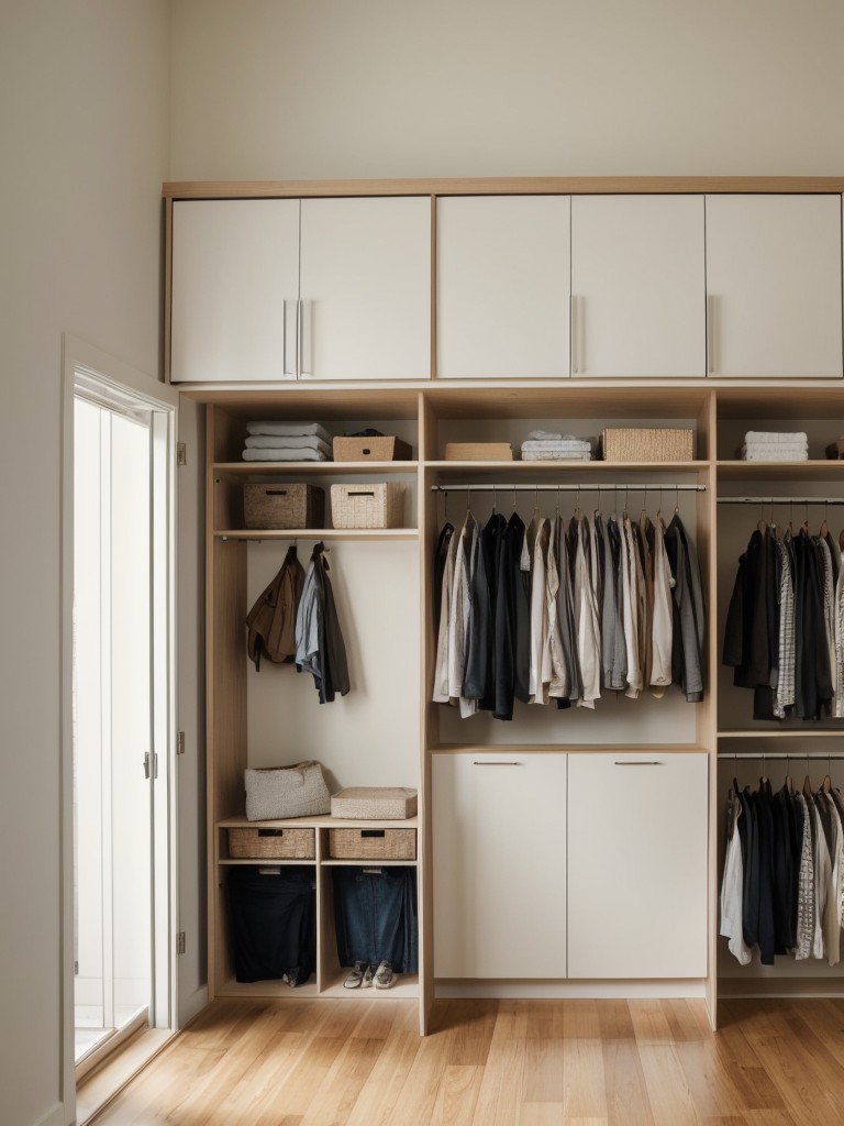Use a room divider with built-in shelves to create a separate storage area for your clothing.