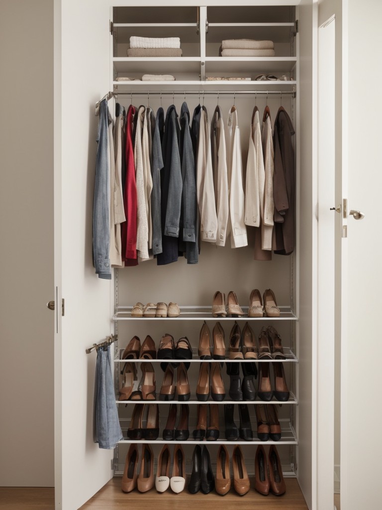 Utilize the space between your wardrobe and the wall by installing additional hanging rods or a shoe rack.