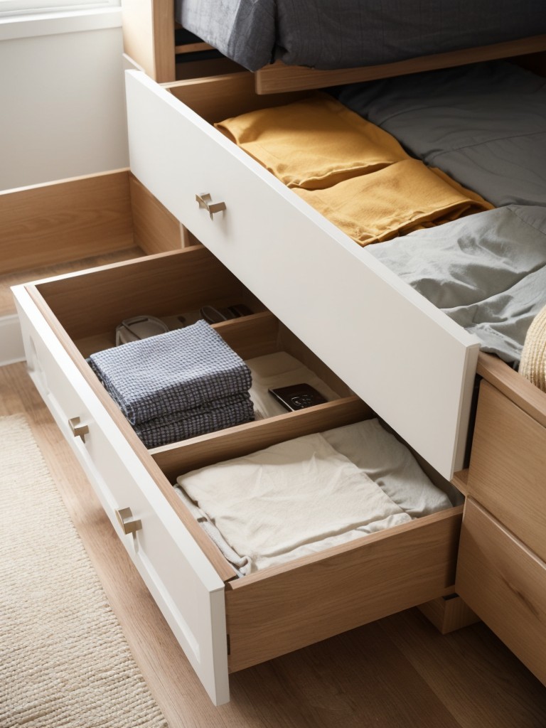 Utilize the space underneath your bed by investing in under-bed storage containers or sliding drawers.