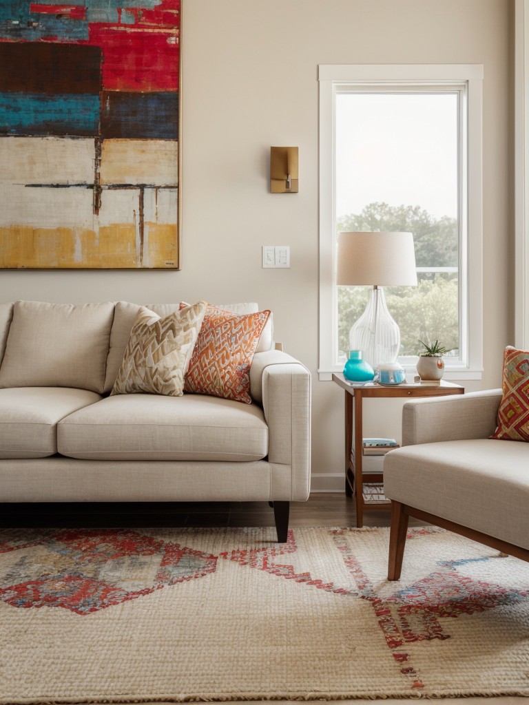 Add pops of color to a neutral-based contemporary living room through accessories, such as throw pillows, rugs, or artwork, for a playful and dynamic touch.