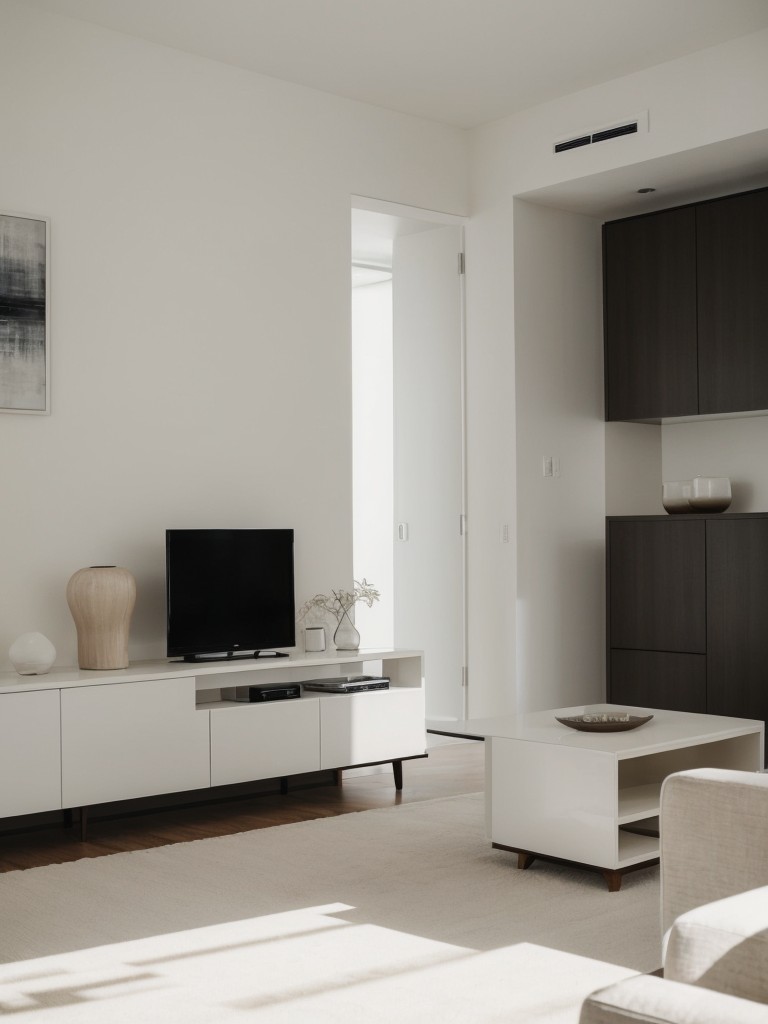 Create a sleek and minimalist living room with neutral tones, clean lines, and statement furniture pieces.