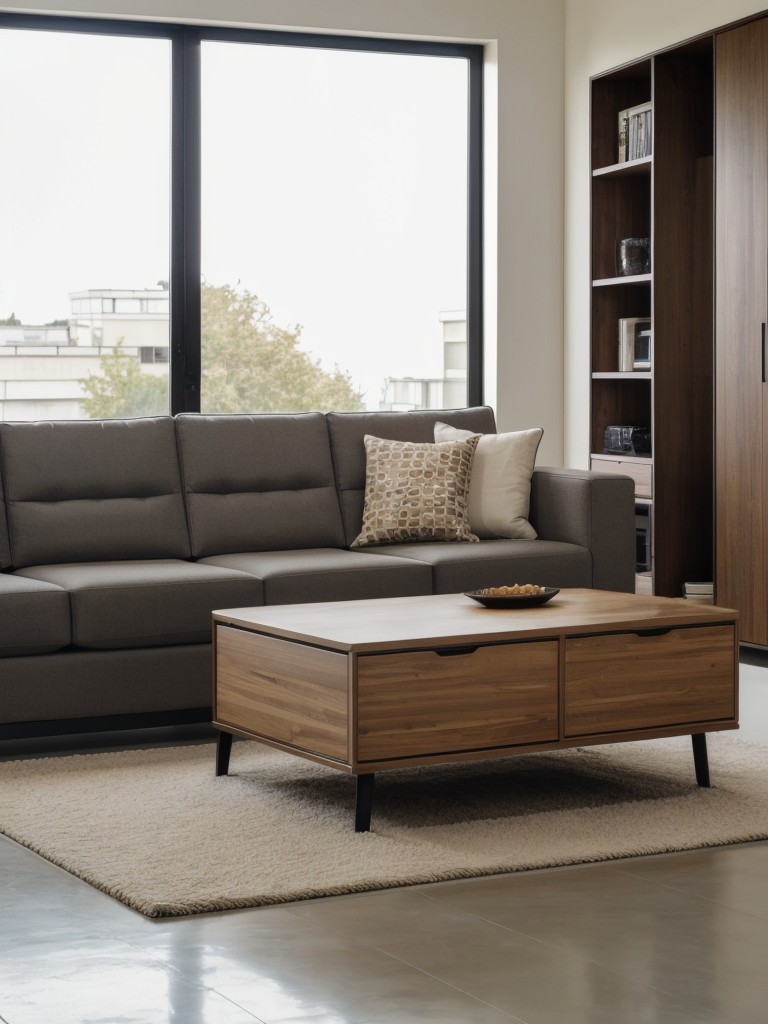 Incorporate multifunctional furniture, such as a modular sofa or a coffee table with storage compartments, to maximize space and functionality in a contemporary living room.