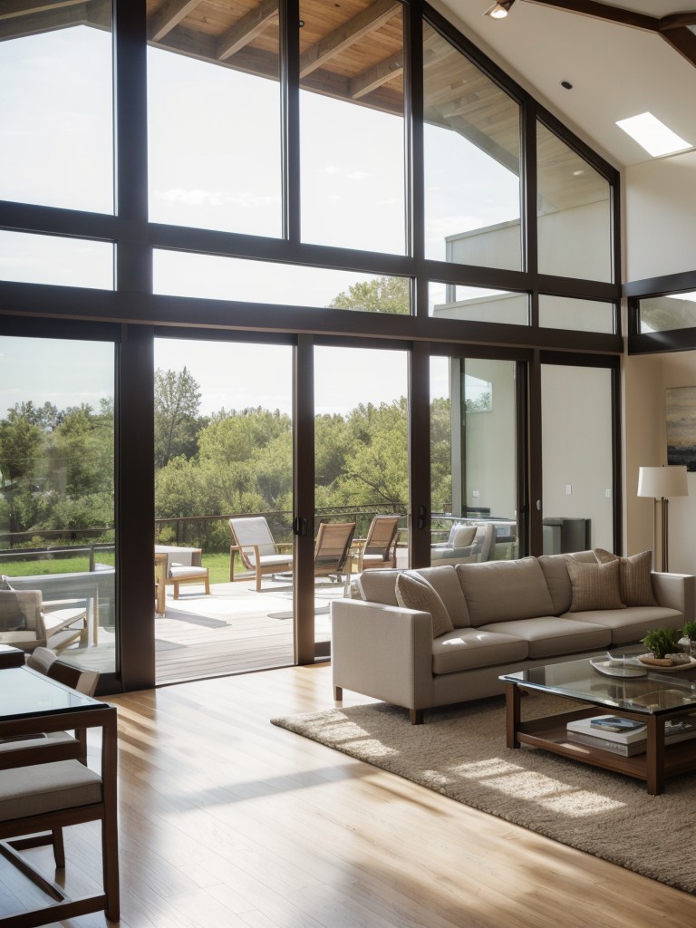 Use floor-to-ceiling windows or large glass doors to bring in ample natural light and create a seamless indoor-outdoor connection in a contemporary living room.