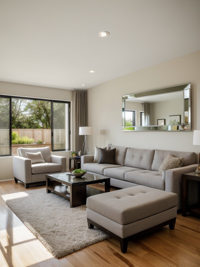 Utilize mirrors strategically in a contemporary living room to amplify light and create a sense of spaciousness.