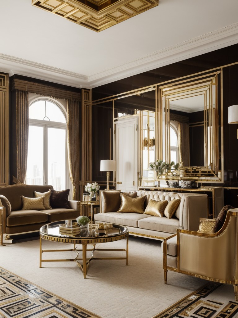 Art deco-inspired living room ideas with glamorous touches, bold geometric patterns, and luxurious materials like velvet and gold accents for a sophisticated look.