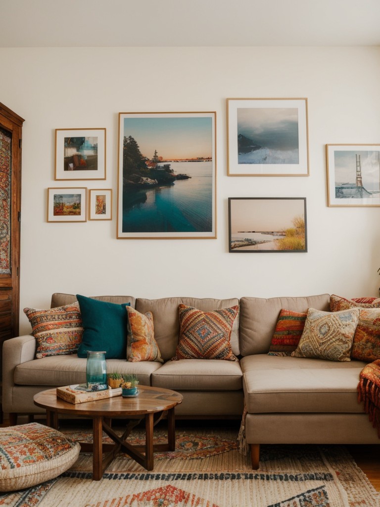 Artistic and bohemian living room ideas with gallery walls of curated artwork, cozy floor cushions, and vibrant pops of color for a creative and free-spirited ambiance.