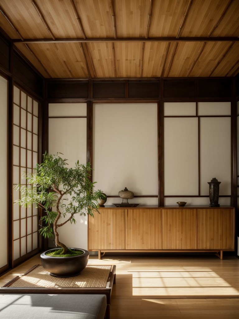 Asian-inspired living room ideas with simple and minimalistic furniture, Asian motifs, and natural elements like bamboo and bonsai plants for a peaceful and zen atmosphere.