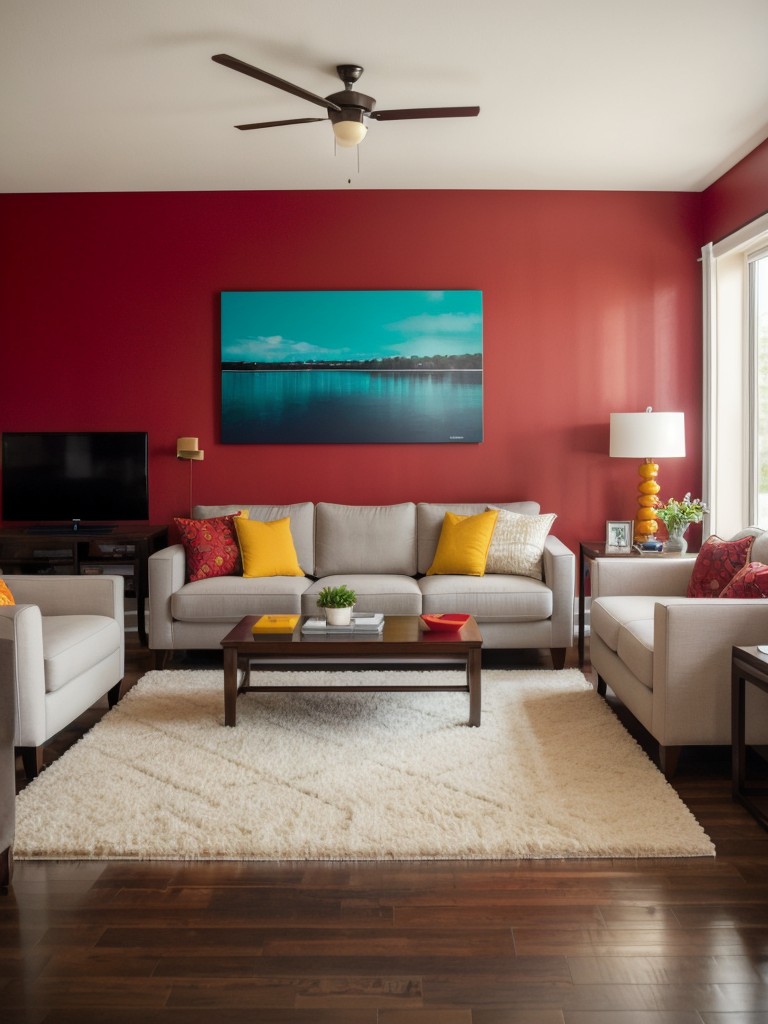 Bold and vibrant living room ideas with colorful accent walls, statement artwork, and cozy seating arrangements.