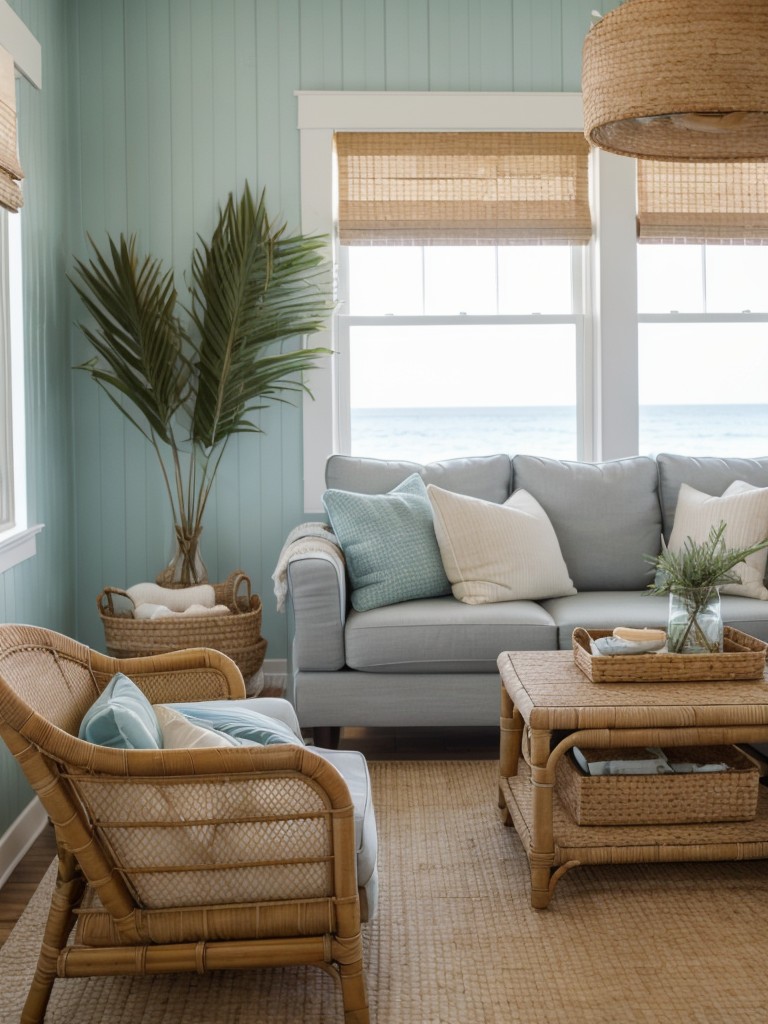 Coastal-themed living room ideas with a breezy color palette, nautical decor, and natural materials like rattan and seagrass for a relaxed beach vibe.