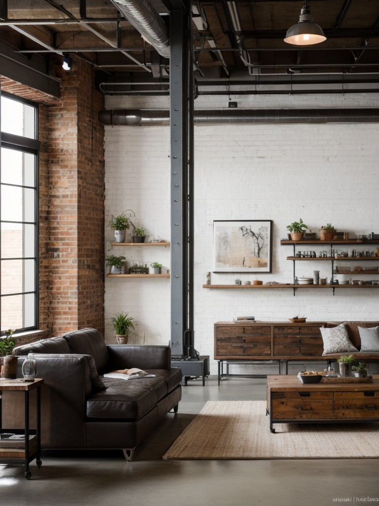 Industrial loft-style living room ideas with exposed brick walls, metal accents, and a combination of vintage and modern furniture pieces.
