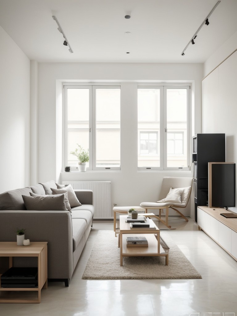 Minimalist apartment living room ideas with a neutral color palette, sleek furniture, and clever storage solutions for a clean and organized space.