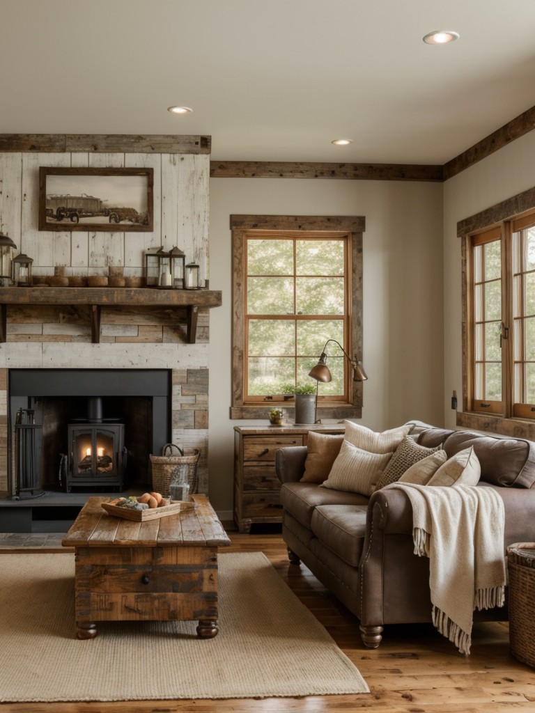 Rustic farmhouse living room ideas with distressed wood furniture, cozy textiles, and a warm color scheme for a charming and inviting space.
