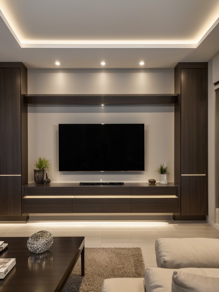 Smart and tech-savvy living room ideas with integrated smart home technology, hidden TV screens, and innovative lighting solutions for a modern and connected space.
