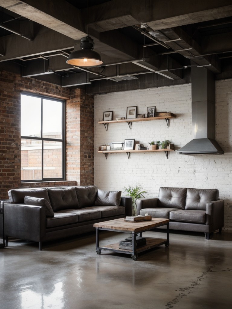 Urban industrial living room ideas with exposed brick walls, concrete floors, and a blend of modern and vintage furniture for an edgy and industrial feel.