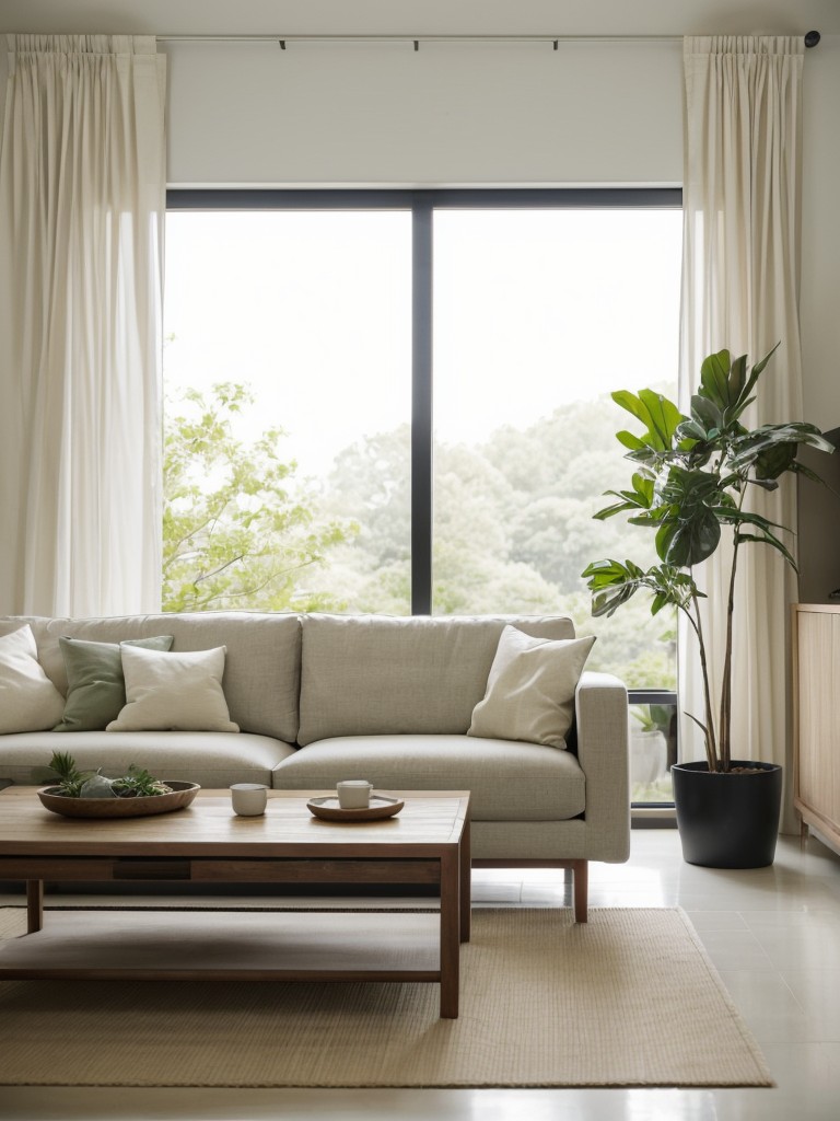 Zen-inspired living room ideas with a neutral and calming color scheme, minimalist furniture, and plenty of greenery for a serene and tranquil atmosphere.