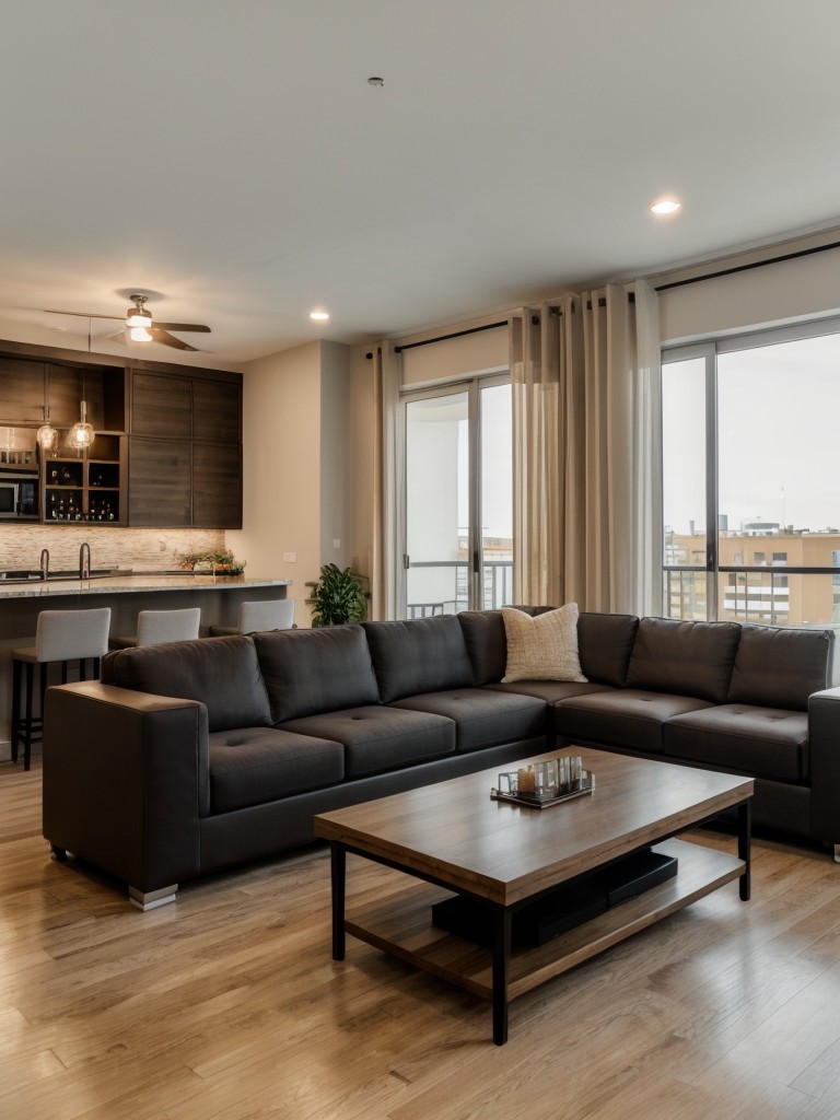 Bachelor pad apartment layout with a bar area, comfortable lounge seating, and modern home automation for hosting friends and entertaining.