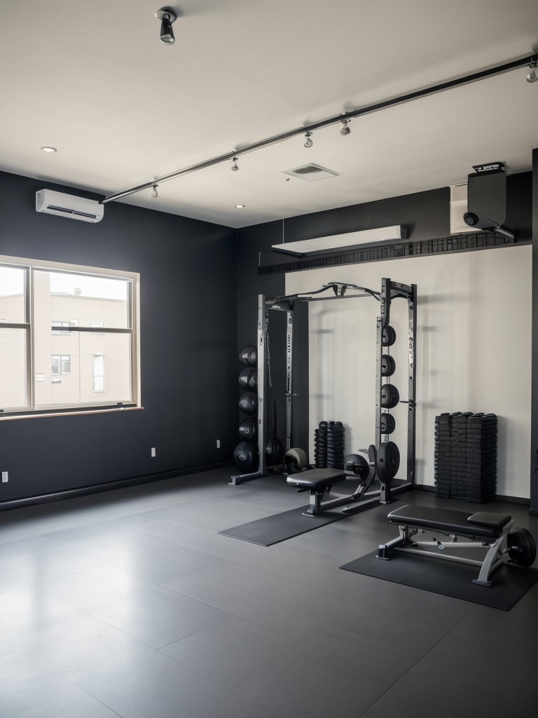 Fitness enthusiast's apartment layout with a dedicated gym space, motivational wall art, and storage solutions for workout gear and equipment.