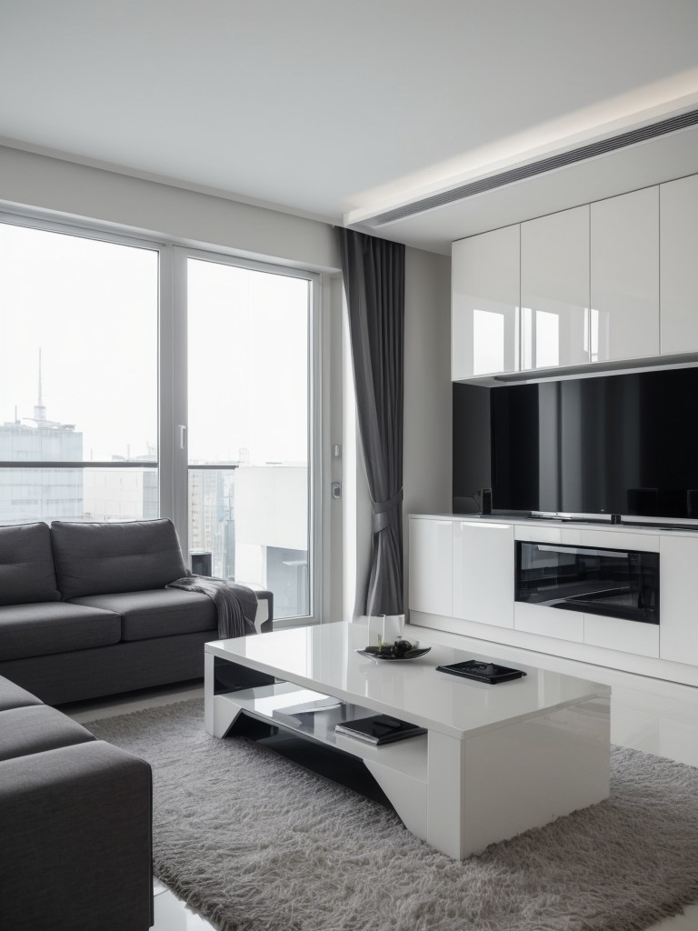 Futuristic apartment design with sleek furniture, LED lighting, and high-tech gadgets for a cutting-edge and minimalist aesthetic.