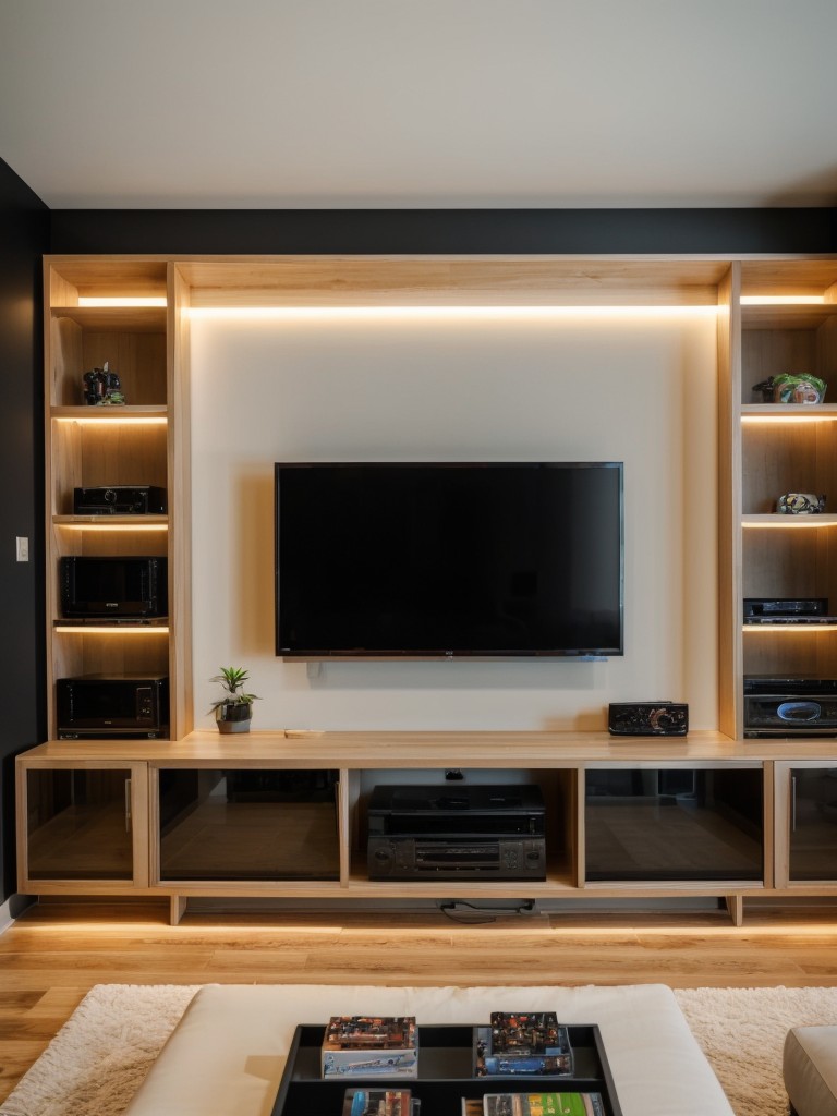 Gaming-themed apartment design with a dedicated entertainment area, neon lighting, and custom storage for consoles and accessories.