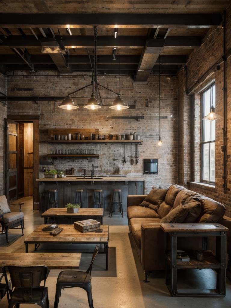 Industrial-chic apartment decor using salvaged materials, rustic furniture, and vintage lighting fixtures for a rugged yet stylish ambiance.