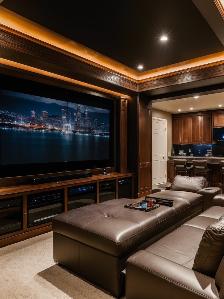 Luxurious man cave apartment design with a home theater, gaming area, mini bar, and plush seating to create the ultimate relaxation and entertainment space.