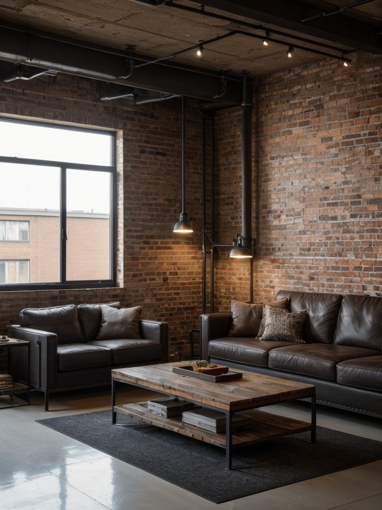 Masculine apartment decor incorporating industrial elements and raw textures, such as exposed brick walls and metal accents.