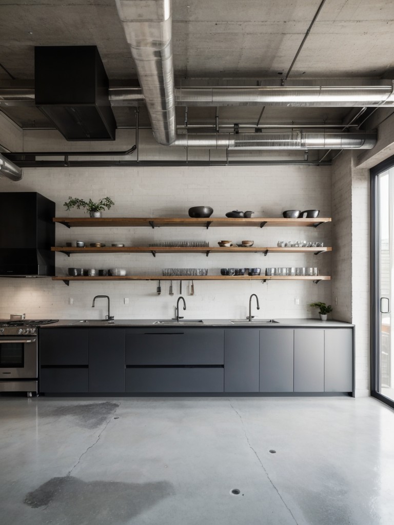 Modern industrial apartment layout with open kitchen shelving, concrete floors, and exposed ductwork for a contemporary and edgy vibe.