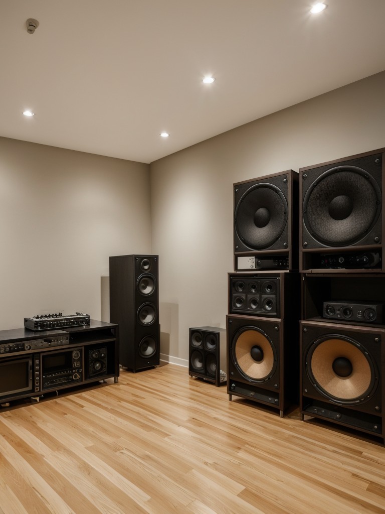 Music lover's apartment design with a dedicated music studio, wall-mounted instrument displays, and soundproofing for optimal acoustics.