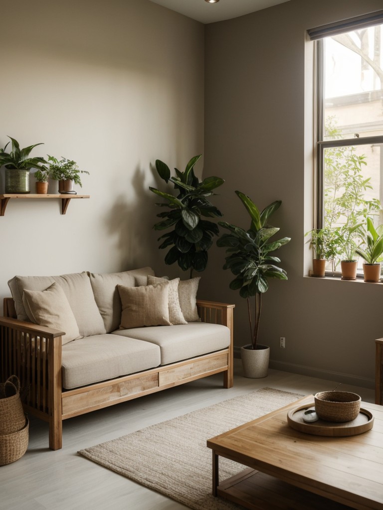 Nature-inspired apartment decor using natural materials, earth tones, and indoor plants to create a relaxing and Zen-like environment.