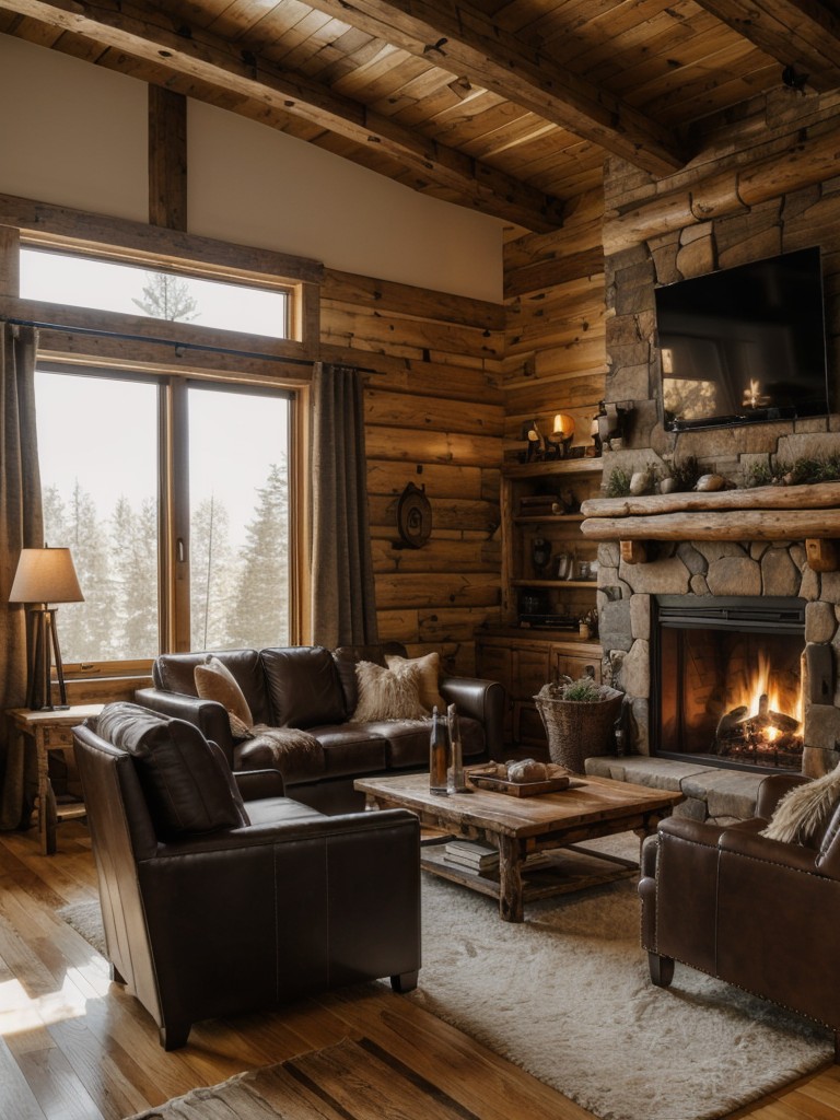 Rustic hunting lodge apartment design featuring wood and leather furniture, taxidermy pieces, and a cozy fireplace for a rugged and cozy feel.