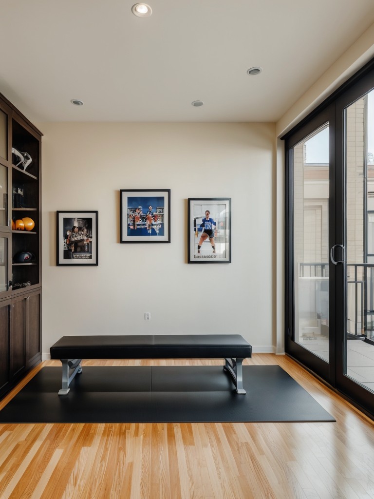 Sports-inspired apartment design showcasing memorabilia display cases, themed artwork, and a dedicated space for workout equipment.