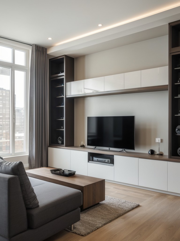 Tech-inspired apartment design incorporating the latest smart home technologies, high-tech entertainment systems, and integrated charging stations.