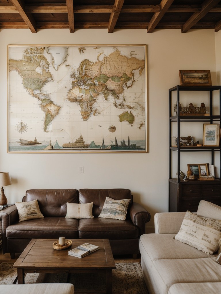 Travel-themed apartment decor with a display of souvenirs, vintage maps, and curated travel photography for a sense of adventure and exploration.