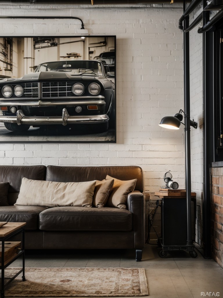 Vintage automotive-inspired apartment decor featuring automotive memorabilia, car-themed artwork, and industrial-style furniture for a unique and masculine atmosphere.