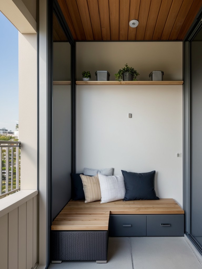 A compact storage unit or outdoor storage bench to keep your balcony tidy and clutter-free.