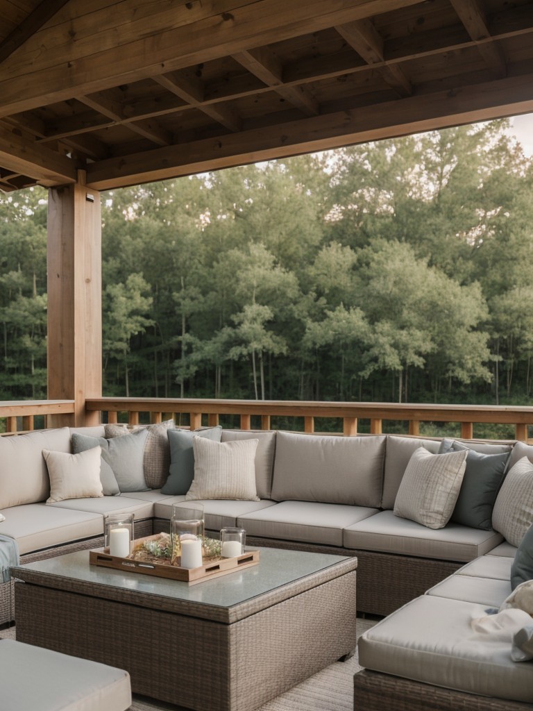 Cozy outdoor seating with comfortable cushions and throw pillows, perfect for lounging and entertaining guests.