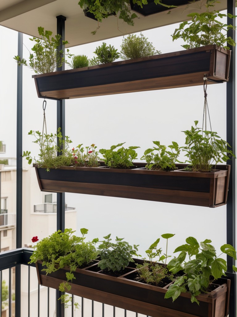 Vertical gardening with hanging planters and wall-mounted shelves to maximize your balcony space and bring in some natural greenery.