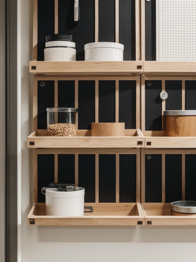 Consider using a pegboard or grid system for versatile and stylish storage options.