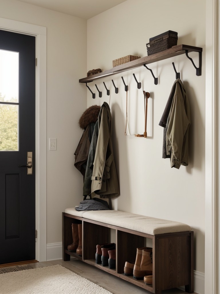 Create a functional entryway with a wall-mounted coat rack and shoe storage.